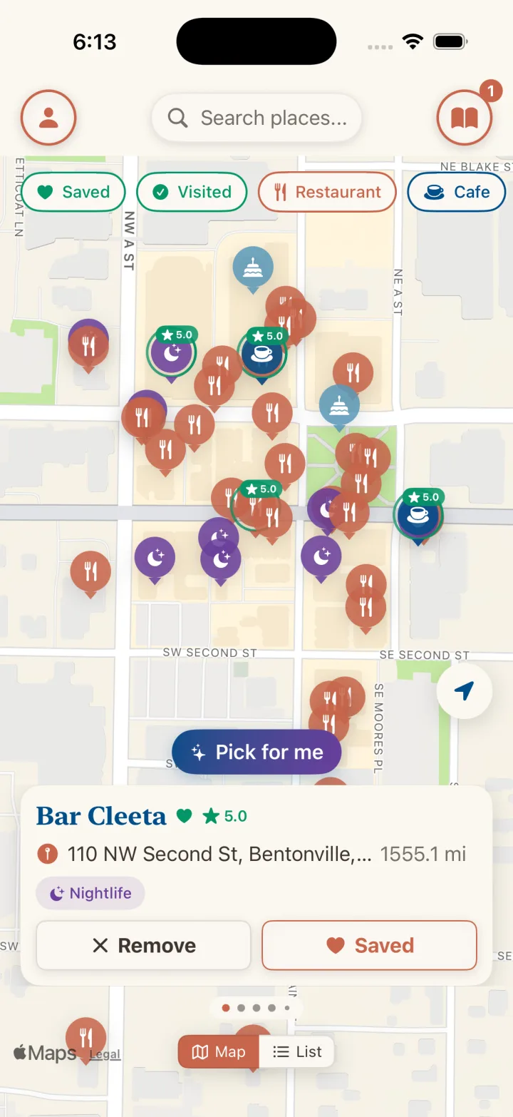 The Rex map on iPhone: a search field, Saved, Visited, Restaurant, and Cafe filters, pins across downtown Bentonville, a Pick for me button, and a card for Bar Cleeta showing its address, a Nightlife tag, and a Saved state