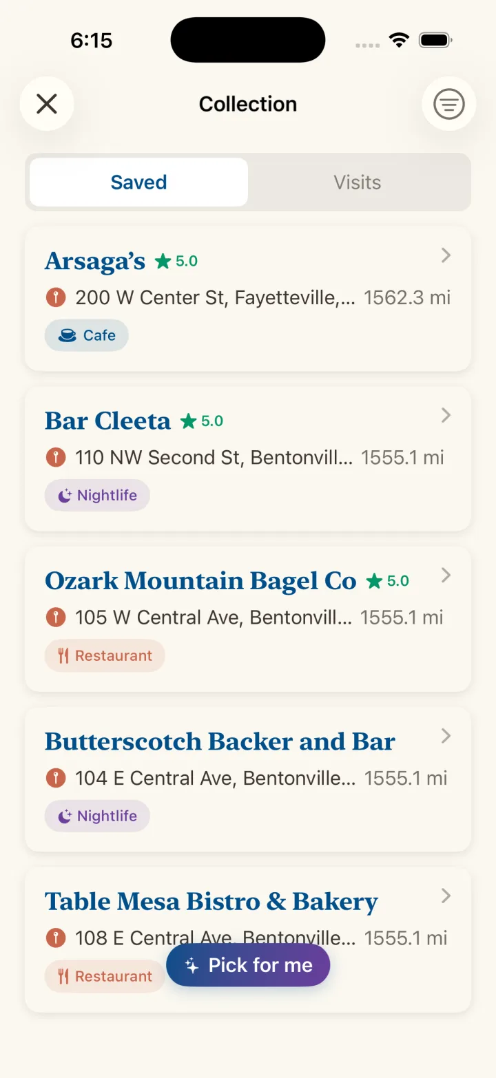 The Rex collection on iPhone: a Saved and Visits tab pair above saved rows for Arsaga’s, Bar Cleeta, Ozark Mountain Bagel Co, Butterscotch Backer and Bar, and Table Mesa Bistro & Bakery, each with an address and a category tag, and a Pick for me button over the list